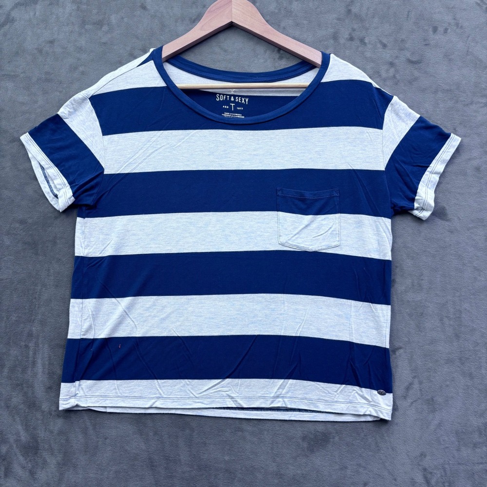 American Eagle Soft & Sexy Striped Pocket T-Shirt Navy Blue Grey Small
